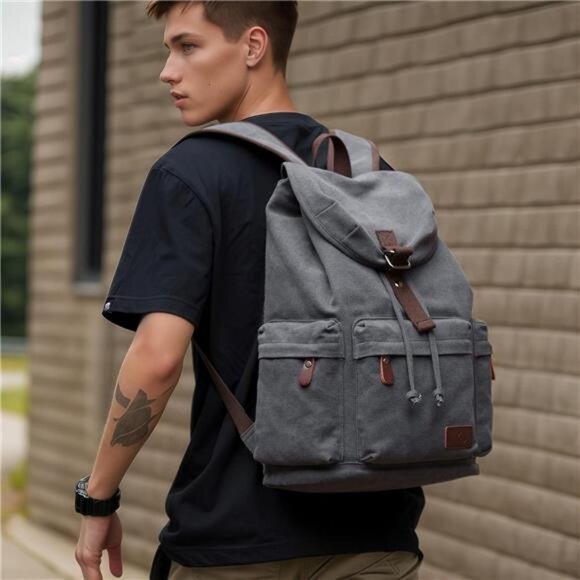 Canvas Backpack, Travel Backpacks Grey - Picture 7 of 7